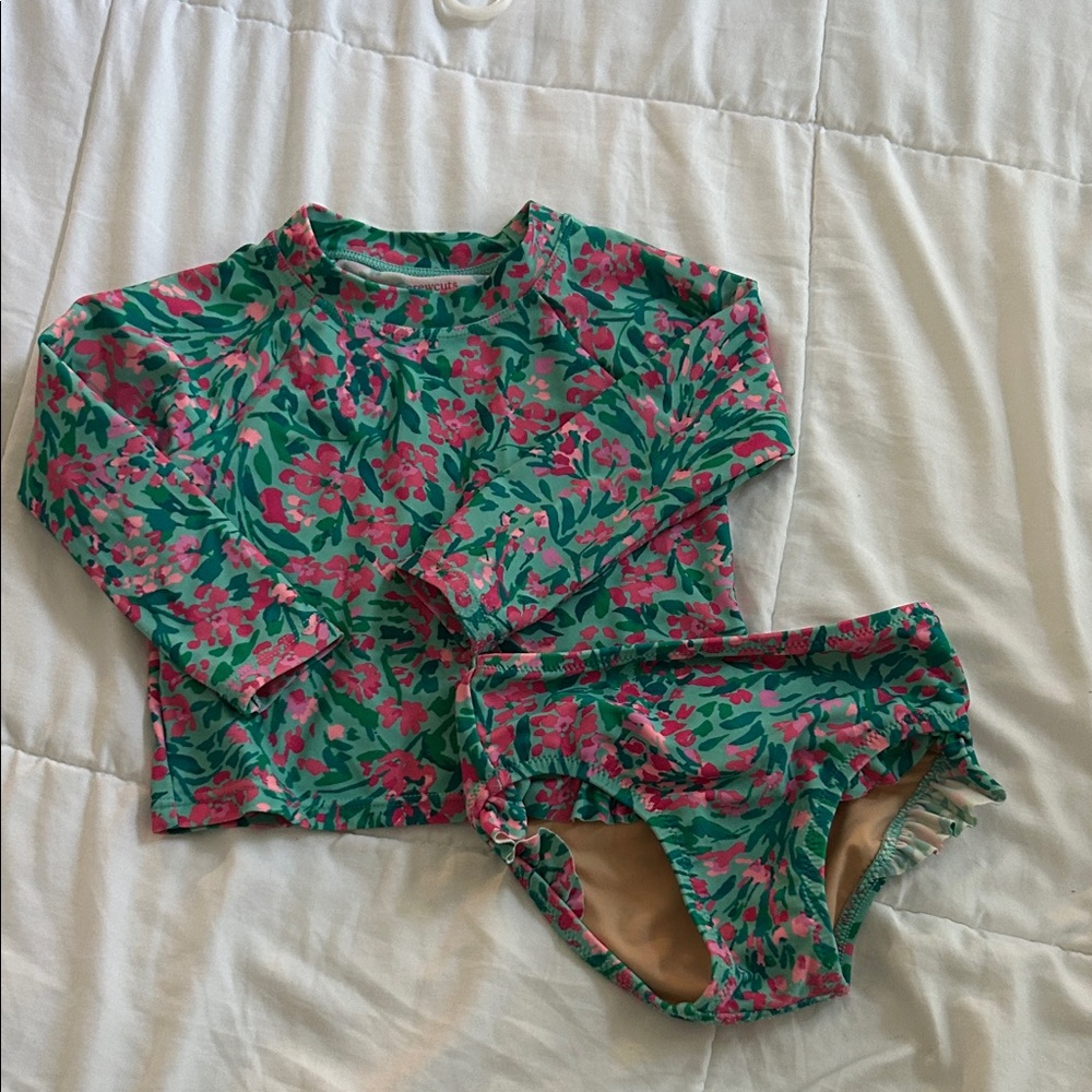Crewcuts Girls Floral Long-Sleeve swimsuit Rashguard Set - Green & Pink
